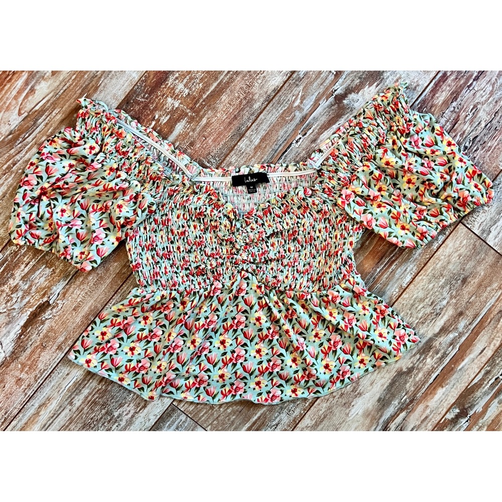 Lulus Floral Smocked Puff Sleeve Peplum Top Sage Green‎ Medium